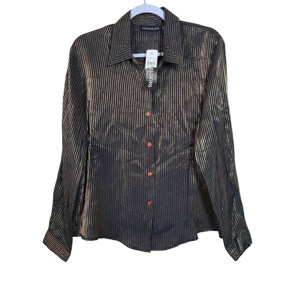 Vtg Gold Black Striped Button Down Long Sleeve Shirt L Metallic Y2K Indie Sleaze - Picture 9 of 9